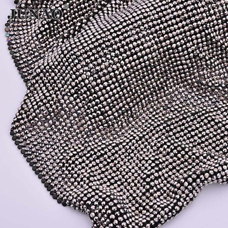 Hotfix Rhinestone Sheet - JUNAO 45*120 ซม.คริสตัลสีดำผ้าตาข่าย Rhinestone Applique อลูมิเนียมโลหะตัดเรซิ่น