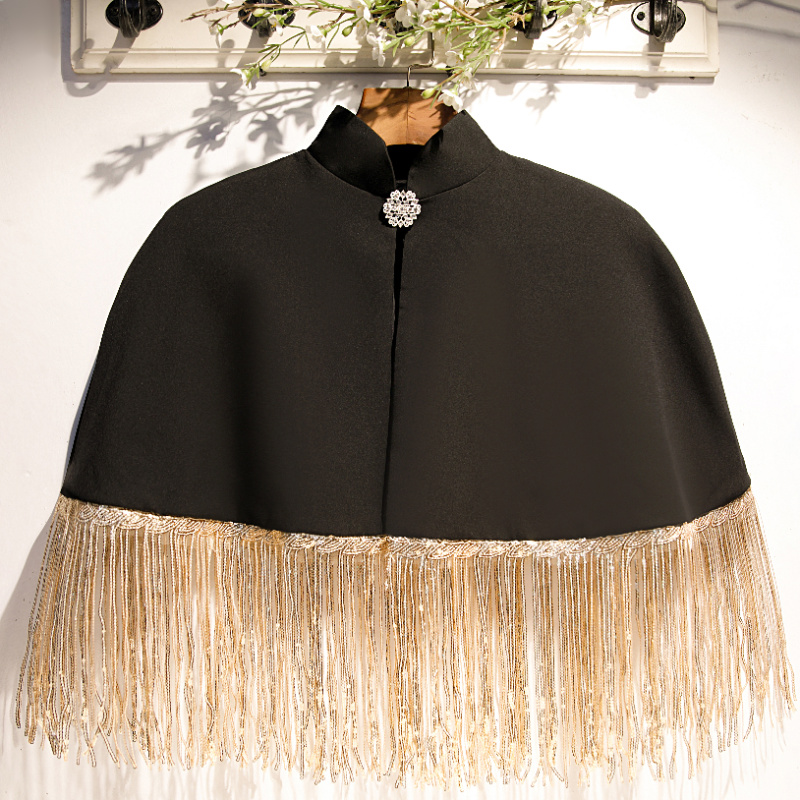 Tassel Fringe Trim - ผู้หญิงฤดูใบไม้ผลิฤดูร้อนสีดำ Contrast สีทอง Pashmina หญิงฤดูร้อนครีมกันแดดผ้าคลุมไหล่เสื้อคลุม R2508