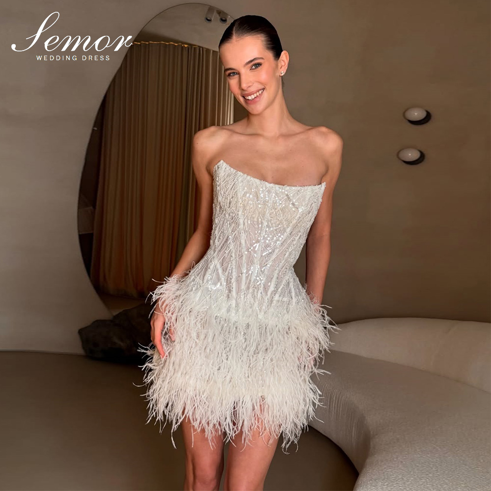 Tassel Fringe Trim - ชุดแต่งงานสั้น Semor Exquisite ประดับด้วยกลิตเตอร์ แบบสั่งตัดได้ ไม่มีสายรัดไหล่