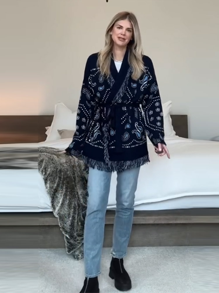 Tassel Fringe Trim - เสื้อคาร์ดิแกนพิมพ์ลายหรูหราพร้อมพู่สำหรับผู้หญิง ฤดูใบไม้ร่วง-ฤดูหนาว 2026 คอวี แขนยาว ทรงหลวม