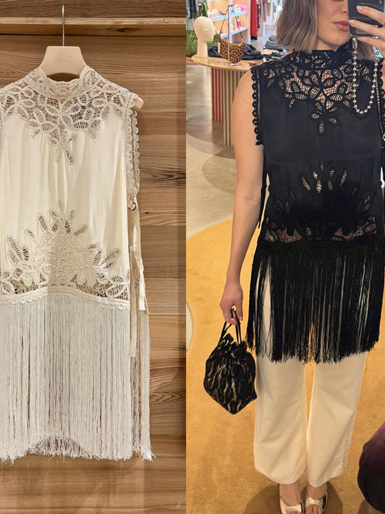 Tassel Fringe Trim - เสื้อเชิ้ตผู้หญิงคอตั้งแบบฝรั่งเศส แขนกุด ลายฉลุ แต่งพู่ ยาวปานกลาง แฟชั่นฤดูร้อน