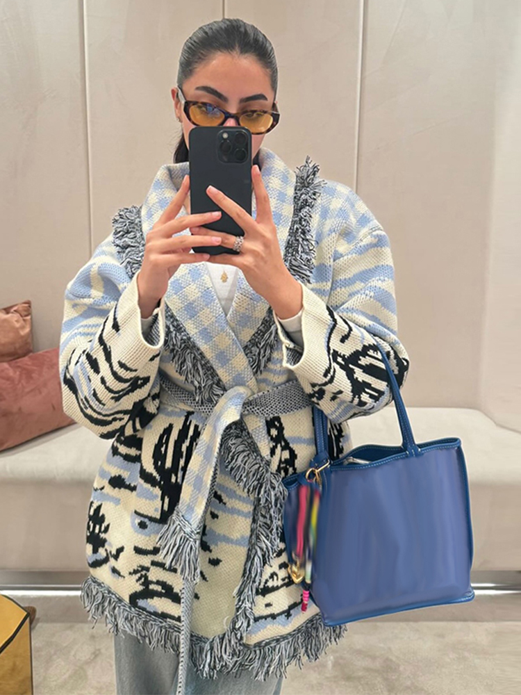 เสื้อคาร์ดิแกนถักลายพิมพ์พร้อม - Tassel Fringe Trim บทวิจารณ์และราคา