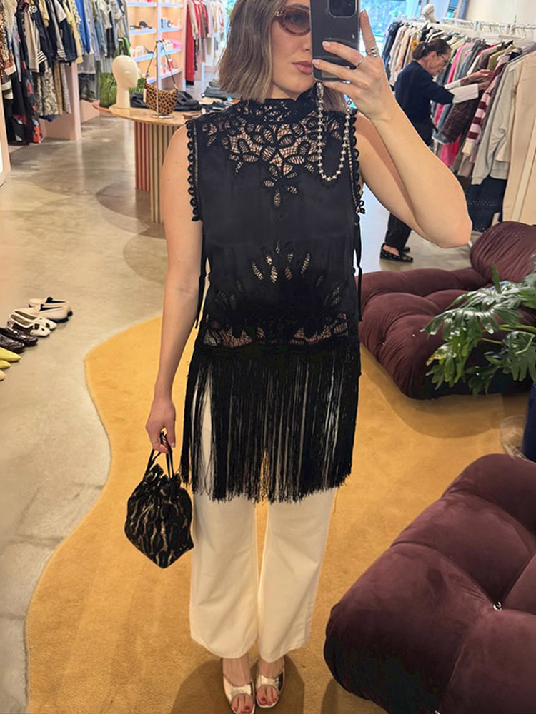 เสื้อเชิ้ตผู้หญิงคอตั้งแบบฝรั่ - Tassel Fringe Trim บทวิจารณ์และราคา